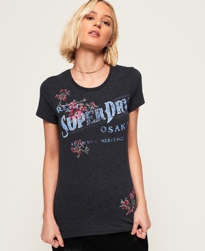 Superdry Arizona Puff Embroidery Női Pólók Sötétkék | KVXIR5031